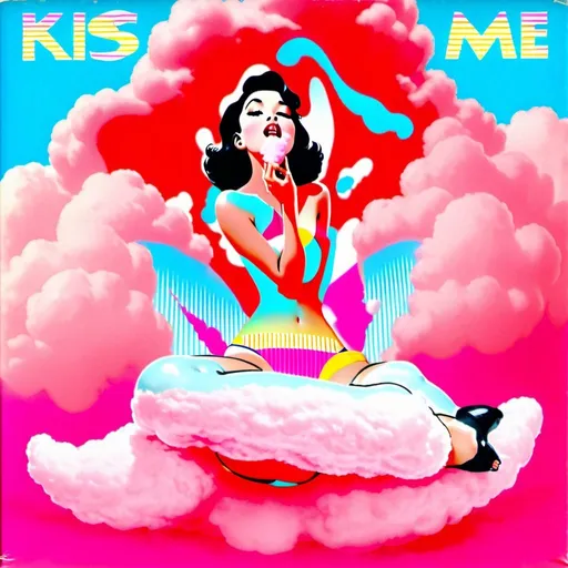 Prompt: 1950s Girl with black hair laying on a pink  cotton candy cloud on her stomach with her feet crossed up, blowing a kiss with her lips and mouth. Blue sky background.  She is wearing a thin peach color bikni on the cloud but the cloud covers her bare bottom and chest. Album cover. Title that says "Kiss Me". 