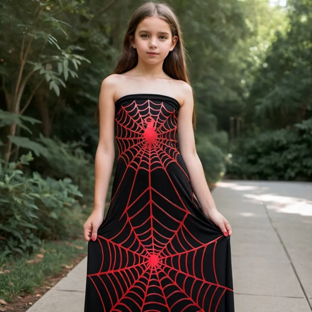 Prompt: Girl wearing Black tube maxi Dress with Red metallic spider web design 