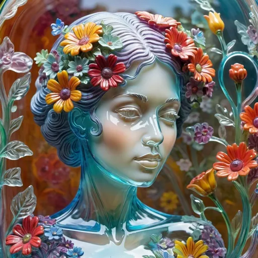 Prompt: A detailed and vibrant transparent glass sculpture of a woman with flowers, intricate details, surreal, colorful background