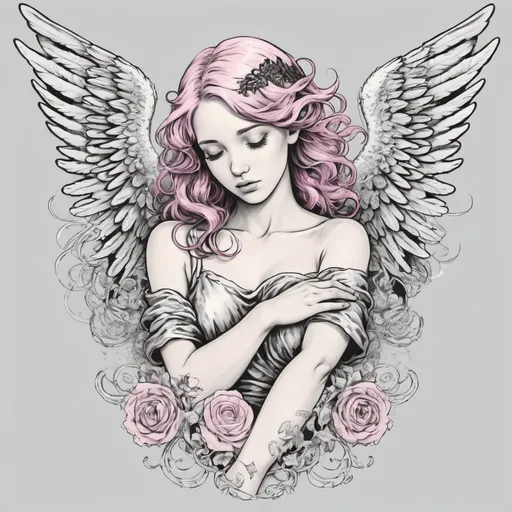 Prompt: A female Angel with her eyes closed; Black and White image, drawing art style. She has pink hair 