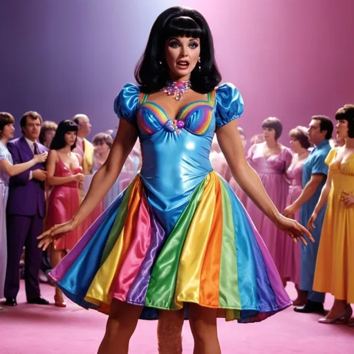 Prompt: FemBot from the Austin Powers movie wears rainbow color night gown dress.