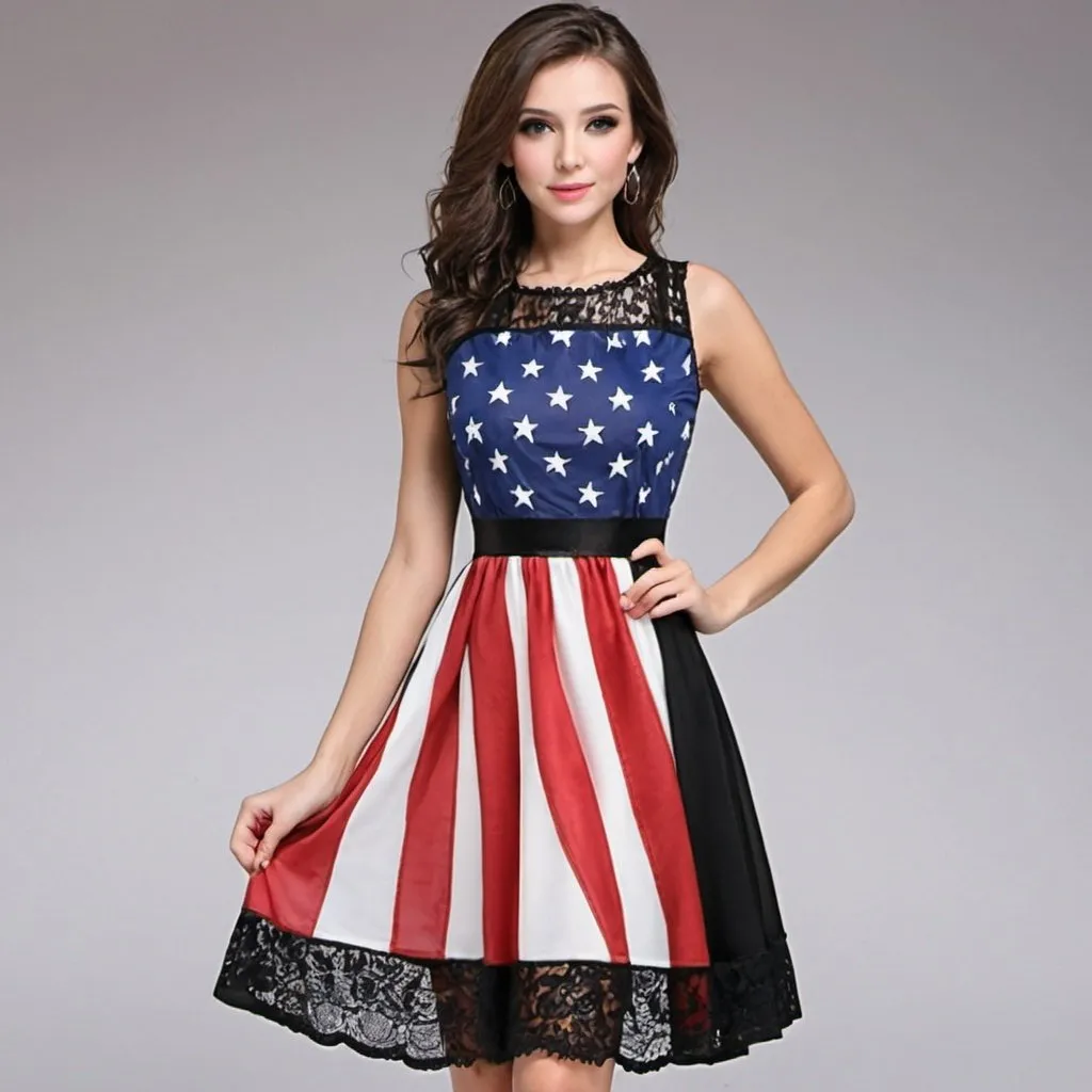 Prompt: Elegant style American Flag Dress with black lace. 