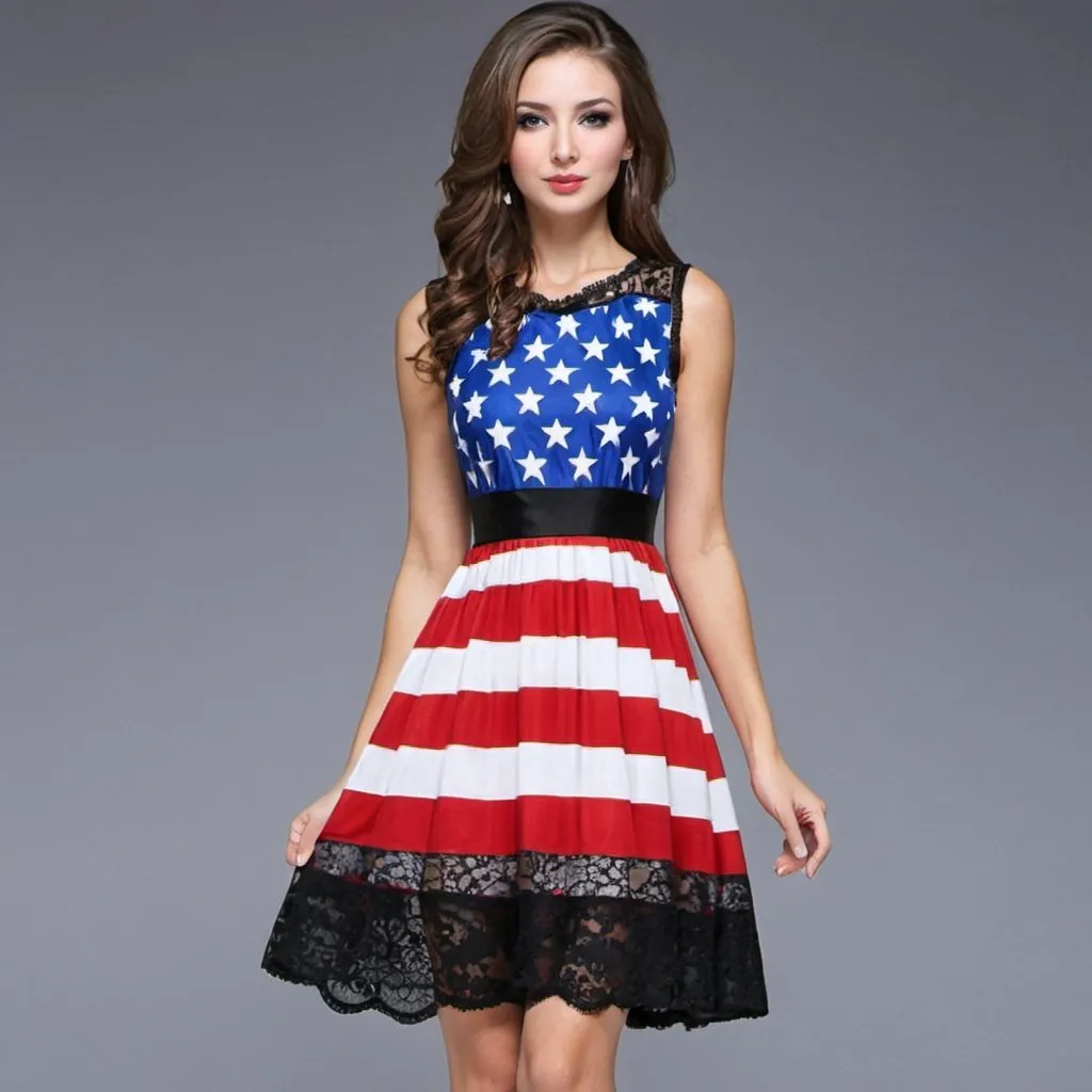 Prompt: Elegant style American Flag Dress with black lace. 