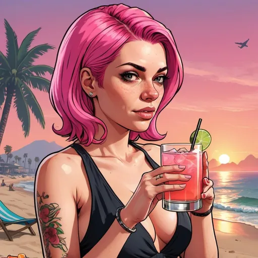 Prompt: GTA V cover art, pink hair  woman on the beach at sunset drinking a cocktail, cartoon illustration.