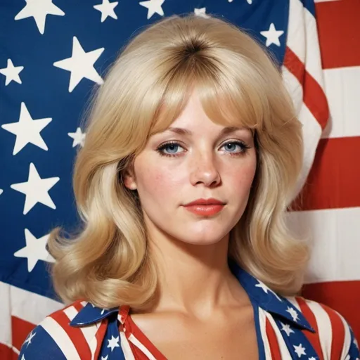 Prompt: American woman, blonde,70's style. American red white and blue  stars an stripes 