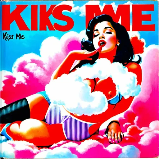 Prompt: 1950s Girl with black hair laying on a pink  cotton candy cloud on her stomach with her feet crossed up, blowing a kiss with her lips and mouth. Blue sky background.  She is wearing a thin peach color bikni on the cloud but the cloud covers her bare bottom and chest. Album cover. Title that says "Kiss Me".  Very nice pretty picture. Very elegant nice look.