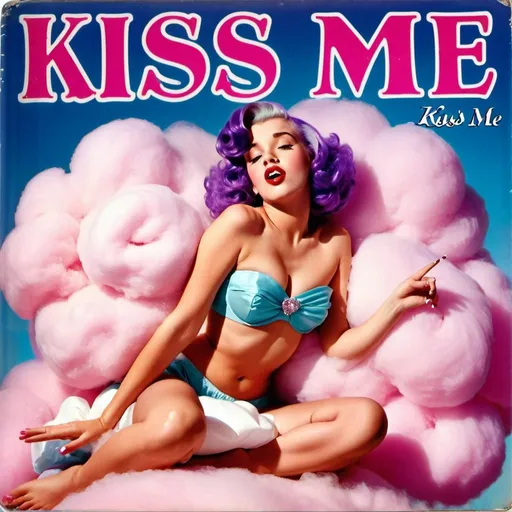 Prompt: 1950s Girl with purple lilac shiny hair laying on a pink  cotton candy cloud on her stomach with her feet crossed up, blowing a kiss with her lips and mouth. Blue sky background.  She is in her birthday suit. Album cover. Title that says "Kiss Me".  Very nice pretty picture. Very elegant nice look.