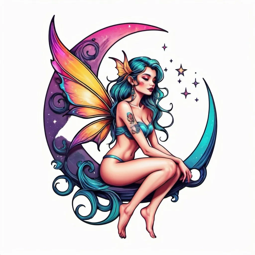 Prompt: colorful tattoo logo design of a fairy sitting on the crescent moon, ((drawing lines)), drawing in vivid bright colors, thick lines, logo design, realistic, white background, monster, Leonardo Style, Fashion Illustration, Flat vector art, 3D rendering, 16k, high resolution