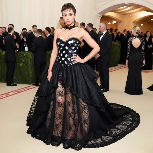 Prompt: Elegant  fancy Met gala style American Flag Dress with black lace. 