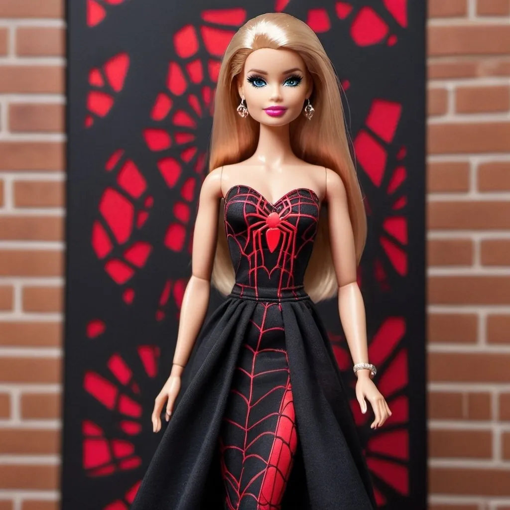 Prompt: Barbie wearing Black tube maxi Dress with Red metallic spider web design all over. Standing with Spider man.