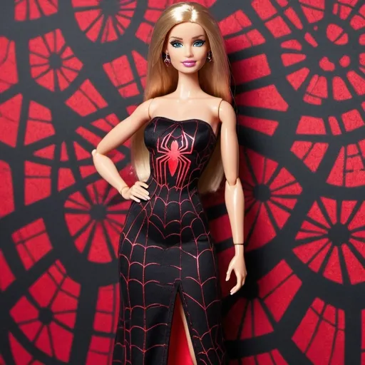 Prompt: Barbie wearing Black tube maxi Dress with Red metallic spider web design all over. Standing with Spider man.