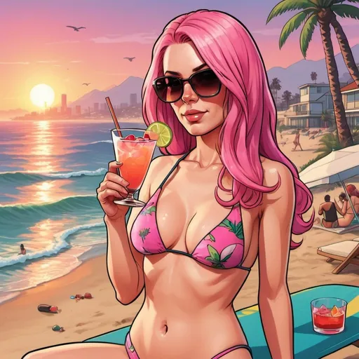 Prompt: GTA V cover art, long pink hair woman in two piece bathing suit on the beach at sunset drinking a cocktail, cartoon illustration.