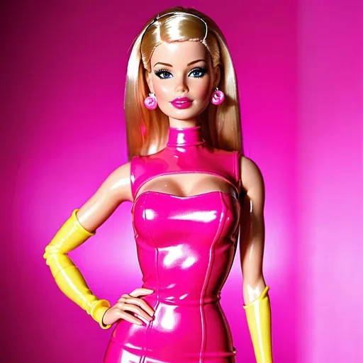 Prompt: Barbie wearing pink latex dress 