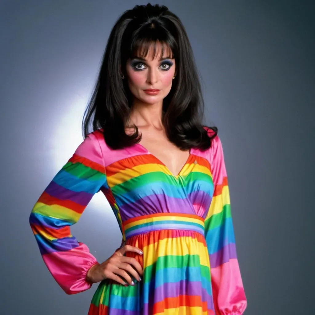 Prompt: FemBot from the Austin Powers movie wears rainbow color night gown dress.