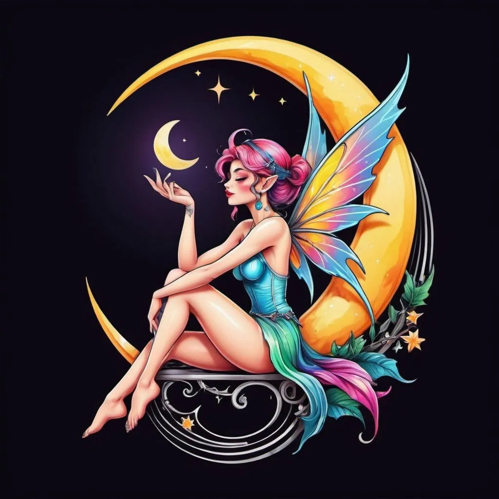 Prompt: colorful tattoo logo design of a fairy sitting on the crescent moon, ((drawing lines)), drawing in vivid bright colors, thick lines, logo design, realistic, white background, monster, Leonardo Style, Fashion Illustration, Flat vector art, 3D rendering, 16k, high resolution