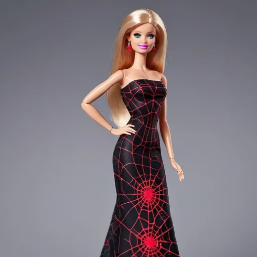 Prompt: Barbie wearing Black tube maxi Dress with Red metallic spider web design all over