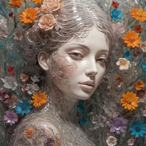 Prompt: A detailed and vibrant transparent glass sculpture of a woman with flowers, intricate details, surreal, colorful background