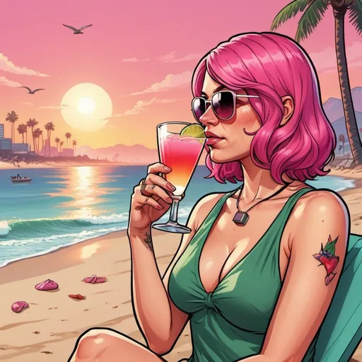 Prompt: GTA V cover art, pink hair  woman on the beach at sunset drinking a cocktail, cartoon illustration.