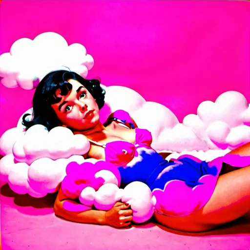 Prompt: 1950s Girl with black hair laying on a pink cloud in her birthday suit.