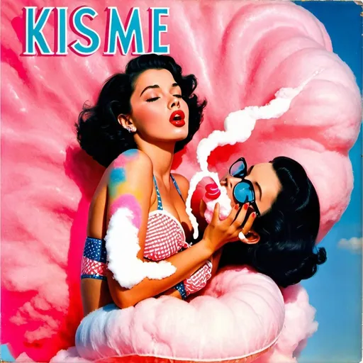 Prompt: 1950s Girl with black hair laying on a pink  cotton candy cloud on her stomach with her feet crossed up, blowing a kiss with her lips and mouth. Blue sky background.  She is wearing a thin peach color two piece bathing suit. Album cover. Title that says "Kiss Me".  Very nice pretty picture. Very elegant nice look.