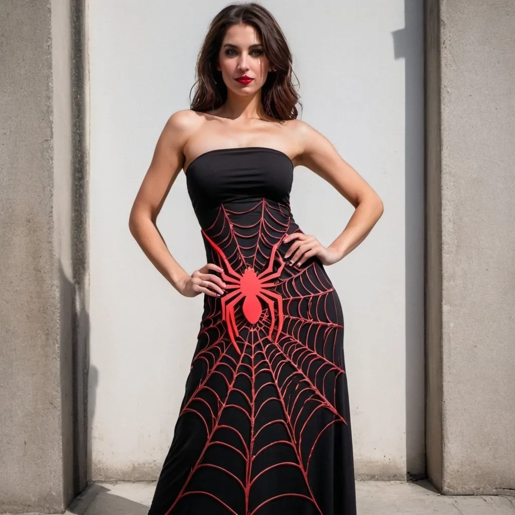 Prompt: Pretty woman wearing Black tube maxi Dress with Red metallic spider web design 