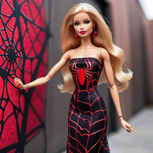 Prompt: Barbie wearing Black tube maxi Dress with Red metallic spider web design all over. Standing with Spider man.  Spider man Barbie kissing 