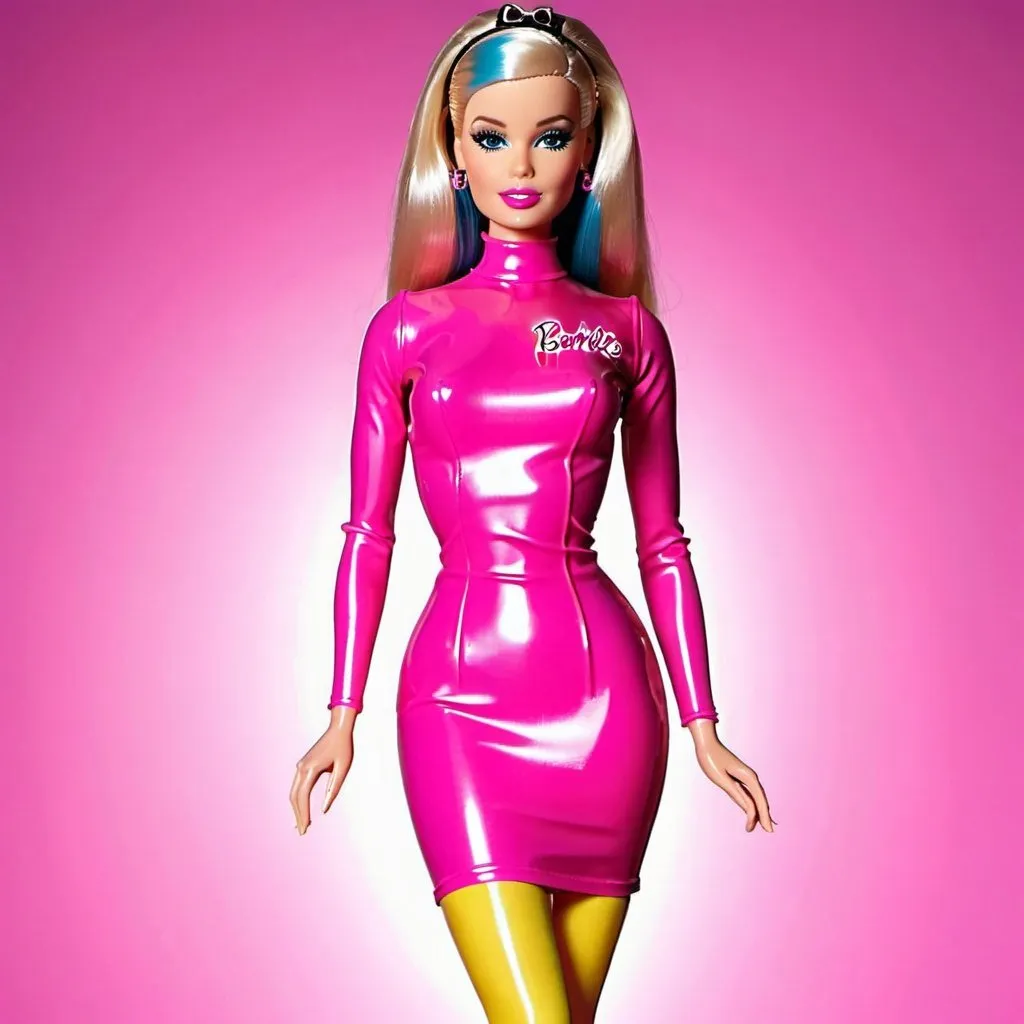 Prompt: Barbie wearing pink latex dress 