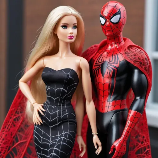 Prompt: Barbie wearing Black tube maxi Dress with Red metallic spider web design all over. Standing with Spider man.  Spider man Barbie kissing 