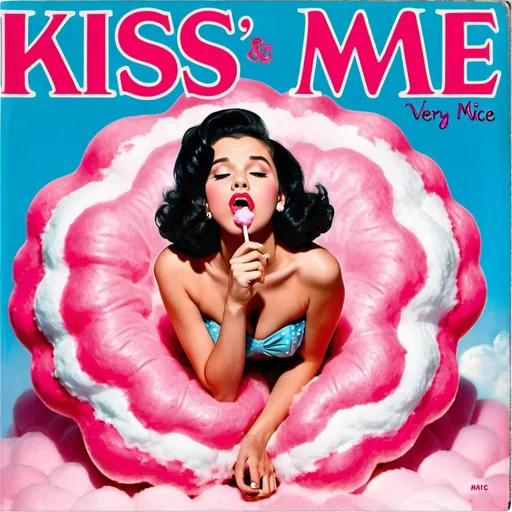 Prompt: 1950s Girl with black hair laying on a pink  cotton candy cloud on her stomach with her feet crossed up, blowing a kiss with her lips and mouth. Blue sky background.  She is in her birthday suit. Album cover. Title that says "Kiss Me".  Very nice pretty picture. Very elegant nice look.