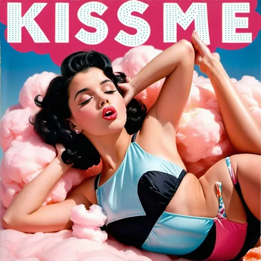 Prompt: 1950s Girl with black hair laying on a pink  cotton candy cloud on her stomach with her feet crossed up, blowing a kiss with her lips and mouth. Blue sky background.  She is wearing a thin peach color two piece bathing suit. Album cover. Title that says "Kiss Me".  Very nice pretty picture. Very elegant nice look.