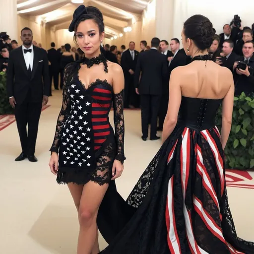 Prompt: Elegant  fancy Met gala style American Flag Dress with black lace. 