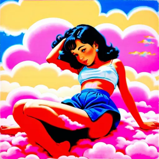 Prompt: 1950s Girl with black hair laying on a pink cloud on her stomach with her feet crossed up. Blue sky background.  She is wearing a thin peach color bikink on the cloud but the cloud covers her bare bottom and chest.