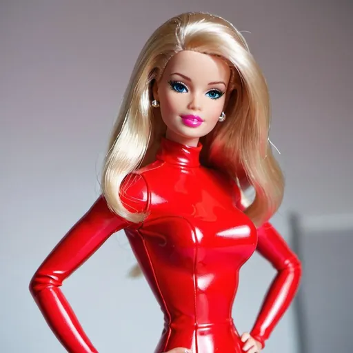 Prompt: Barbie wearing red latex dress 