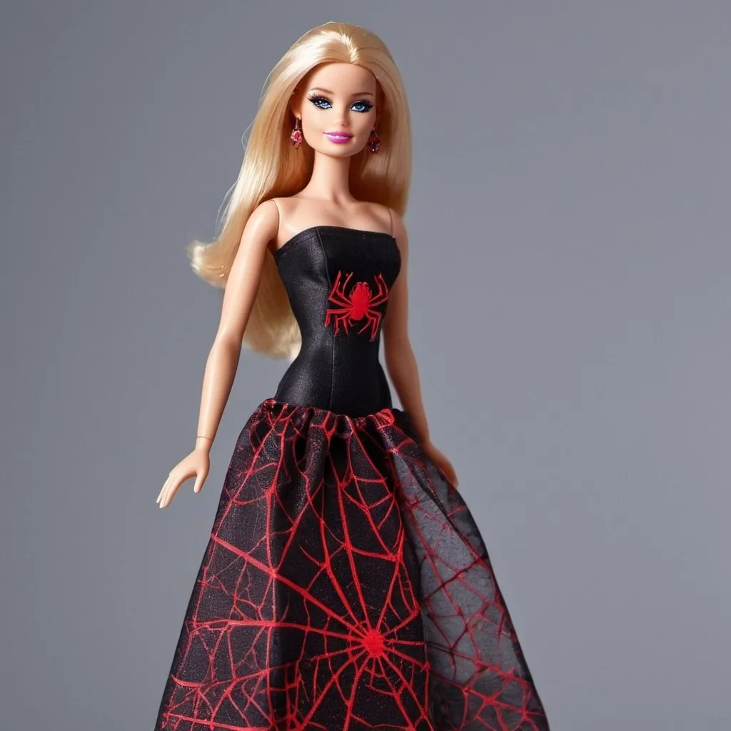 Prompt: Barbie wearing Black tube maxi Dress with Red metallic spider web design all over