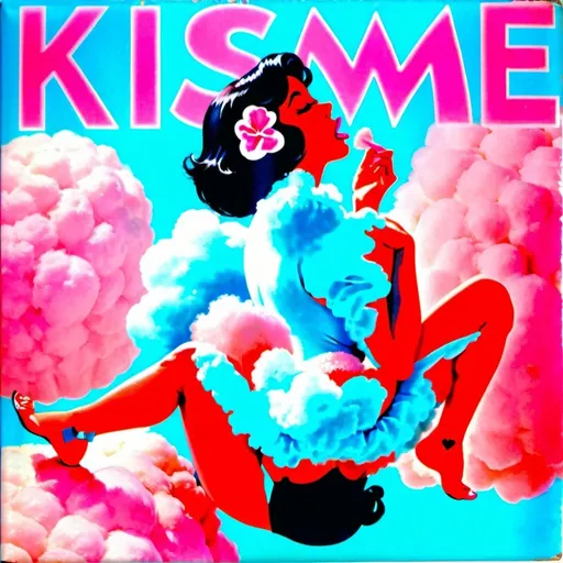 Prompt: 1950s Girl with black hair laying on a pink  cotton candy cloud on her stomach with her feet crossed up, blowing a kiss with her lips and mouth. Blue sky background.  She is wearing a thin peach color two piece bathing suit. Album cover. Title that says "Kiss Me".  Very nice pretty picture. Very elegant nice look.