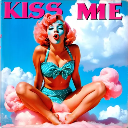 Prompt: 1950s Girl with pink hair laying on a pink  cotton candy cloud on her stomach with her feet crossed up, blowing a kiss with her lips and mouth. Blue sky background.  She is wearing a thin peach color two piece bathing suit. Album cover. Title that says "Kiss Me".  Very nice pretty picture. Very elegant nice look.