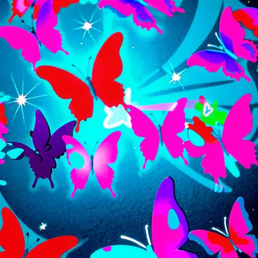 Prompt: Y2k Butterfly pink, purple, blue, teal.
Pink pixie dust sprinkle in the backgroun.