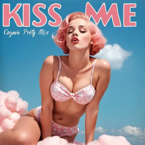 Prompt: 1950s Girl with pink hair laying on a pink  cotton candy cloud on her stomach with her feet crossed up, blowing a kiss with her lips and mouth. Blue sky background.  She is wearing a thin peach color two piece bathing suit. Album cover. Title that says "Kiss Me".  Very nice pretty picture. Very elegant nice look.