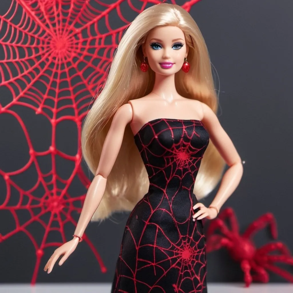 Prompt: Barbie wearing Black tube maxi Dress with Red metallic spider web design all over