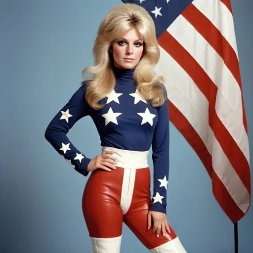 Prompt: American woman superstar, blonde 70's hair. American red white and blue  stars an stripes.  Wearing a torso suit and knee high white boots 