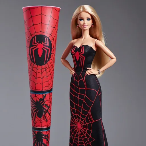 Prompt: Barbie wearing Black tube maxi Dress with Red metallic spider web design all over, standing with Spider man