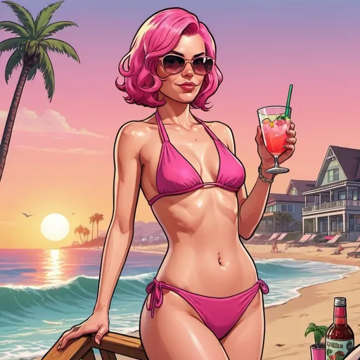 Prompt: GTA V cover art, pink hair woman in two piece bathing suit on the beach at sunset drinking a cocktail, cartoon illustration.