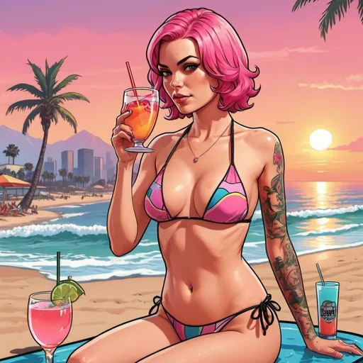 Prompt: GTA V cover art, pink hair woman in two piece bathing suit on the beach at sunset drinking a cocktail, cartoon illustration.