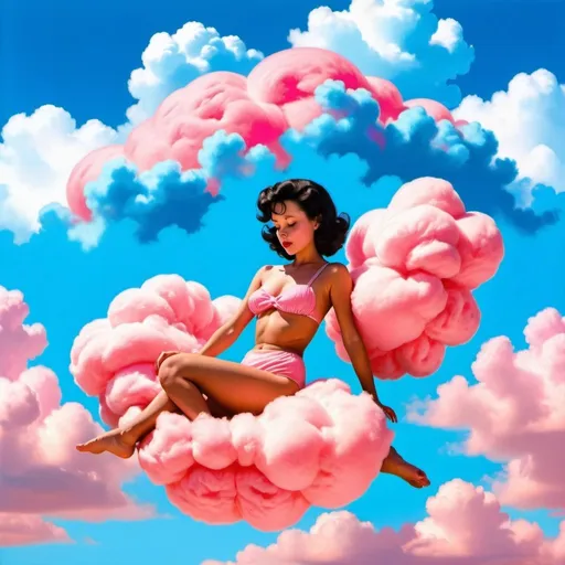 Prompt: 1950s Girl with black hair laying on a pink  cotton candy cloud on her stomach with her feet crossed up. Blue sky background.  She is wearing a thin peach color bikni on the cloud but the cloud covers her bare bottom and chest.
