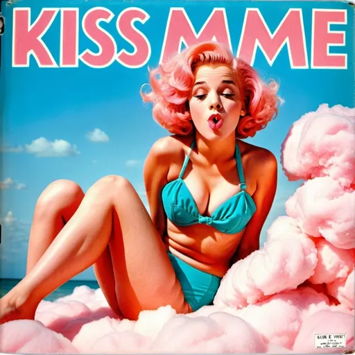 Prompt: 1950s Girl with pink hair laying on a pink  cotton candy cloud on her stomach with her feet crossed up, blowing a kiss with her lips and mouth. Blue sky background.  She is wearing a thin peach color two piece bathing suit. Album cover. Title that says "Kiss Me".  Very nice pretty picture. Very elegant nice look.