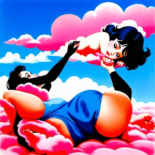 Prompt: 1950s Girl with black hair laying on a pink cloud on her stomach with her feet crossed up. Blue sky background.  She is wearing a thin peach color bikink on the cloud but the cloud covers her bare bottom and chest.