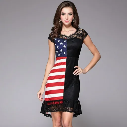 Prompt: Elegant style American Flag Dress with black lace. 