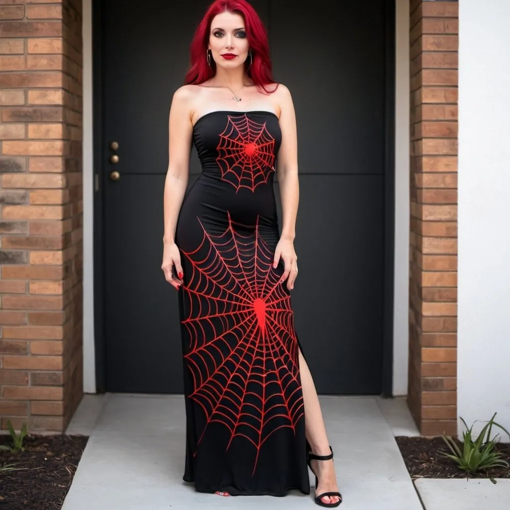 Prompt: Pretty woman wearing Black tube maxi Dress with Red metallic spider web design 