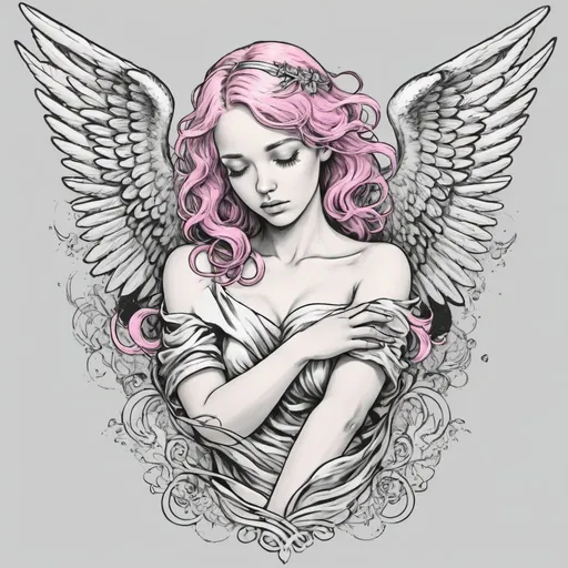 Prompt: A female Angel with her eyes closed; Black and White image, drawing art style. She has pink hair 