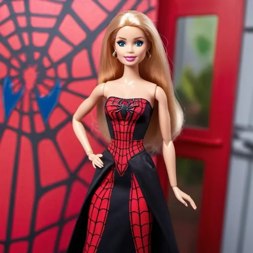 Prompt: Barbie wearing Black tube maxi Dress with Red metallic spider web design all over, standing with Spider man